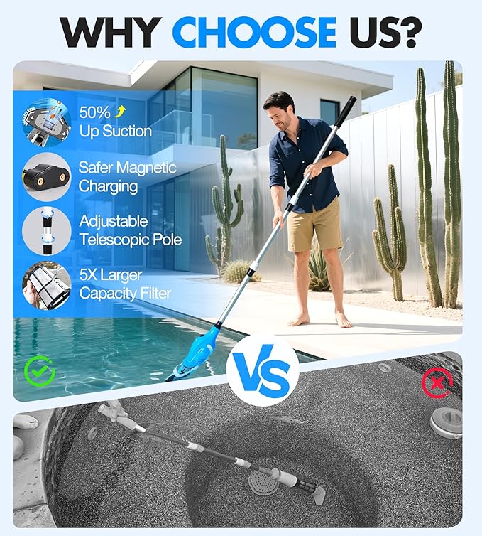 Cordless Pool Vacuum for Above Ground Pool, Magnetic Charging Handheld Pool Vacuum Cleaner, Anti-backflow Design Spa Vacuum for Hot Tub with Telescopic Pole | 18.5GPM Suction, 80-Min Runtime