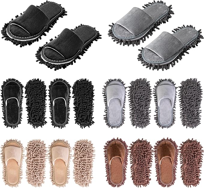 HooLing 10 Pairs Unisex Microfiber Mop Slippers for Floor Cleaning Washable Detachable House Mop Shoes Indoor Dirt Dusting Mopping Slippers for Women Men Home Office Kitchen, 4 Colors (Large)