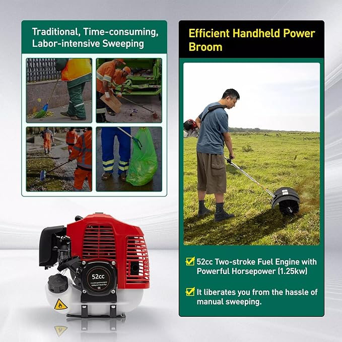 Upgraded Hand Held Gas Power Broom, 2 Stroke 52cc Gasoline Power Broom Cleaner Tools Lawn Sweeper for Cleaning Driveway Turf Lawns Artificial Grass