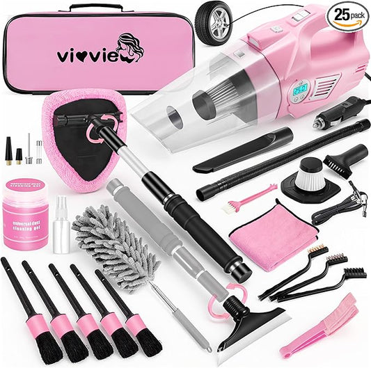 Pink Car Cleaning Kit, 25Pcs Detailing Kit Interior with 4-in-1 Power Handheld Vacuum Cleaner, Detailing Brush Set, 2-in-1 Windshield Cleaner Tool, Car Accessories for Cleaning, Gift for Women