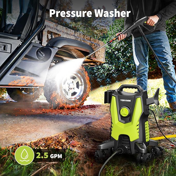 Yeryork Pressure Washer, Power Washer with 4 Lockable Wheels, Steel Wand, 4 Quick Connect Nozzles, 500ml Foam Cannon, High Pressure Washer for Decks/Driveways/Cars Cleaning