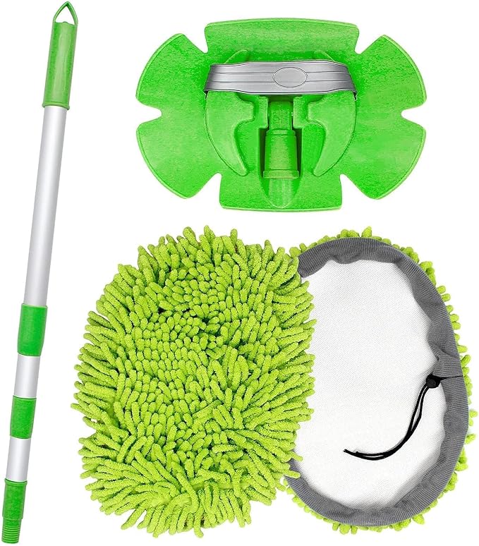 47" Car Wash Brush Mop Cleaning Tool with Long Handle Kit for Washing Detail Car Truck, SUV, RV, Trailer, Boat 2 in 1 Chenille Microfiber Sponge Duster, Paint Scratch Free