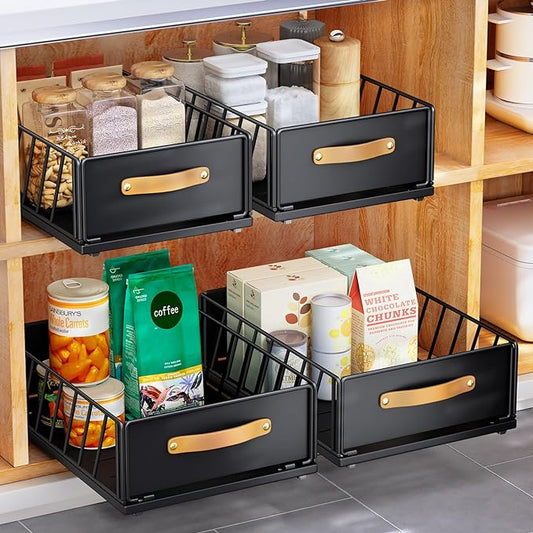 Pull out Cabinet Organizer Fixed with Adhesive Nano Film,Heavy Duty Slide out Pantry Shelves Drawer Storage,Sliding Mesh Cabinet Basket with Handle for Kitchen, Bathroom,Home, 9.8"WX 15.7"D X 6.2"H