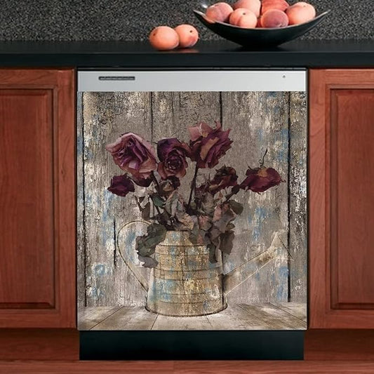 Retro Farm Wood Dishwasher Cover Door Decorative,Retro Rose Dishwasher Magnet Cover Front Sticker,Vintage Farm Floral Dishwasher Decal Home Appliance Panel Stickers 23"x26"