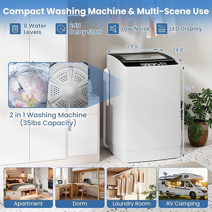 VCJ Portable Washing Machine, 35 LBS Large Capacity Full-Automatic Portable Washer with 12 Wash Cycles, 8 Water Levels & 24H Delay, Compact Electric Laundry Washer for Apartment, Dorms,RVs