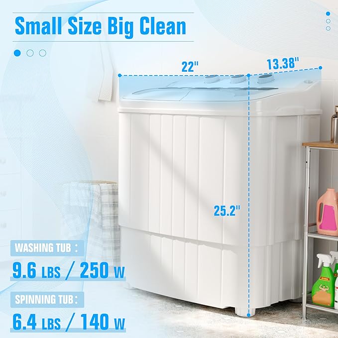 SUNCROWN Portable Washing Machine 17.6lbs, Compact Twin Tub Semi Automatic Washer, Energy-Saving Mini Laundry Combo with Extended Drain Hose & Pump for Apartments, RV, Dorms, White & Grey