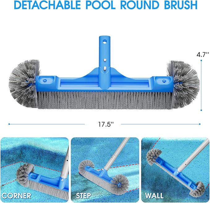 All in One Pool Cleaning Kit - 18'' Repairable Pool Nylon Net & 18'' Detachable Round Brush & 11'' Fine Mesh Skimmer Net & 10 FT Aluminum Poles & Handy Scrubber for Water Line Cleaning