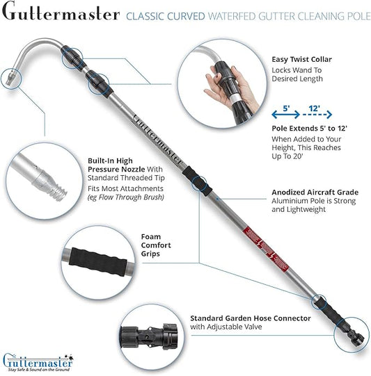 Guttermaster GM-CUR Classic Telescopic Water Fed Pole With Curved End, Connects to Most Garden Hoses, No Special Attachments Needed, Extends 12 Feet