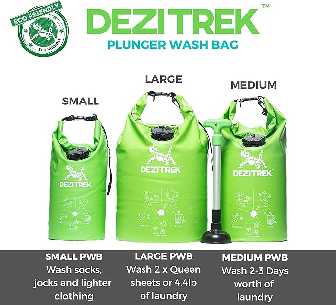 One Hand Wash Bag and Plunger Set - Off Grid Washing Machine Non Electric for Camping Travel | Eco Friendly Portable Manual Clothes