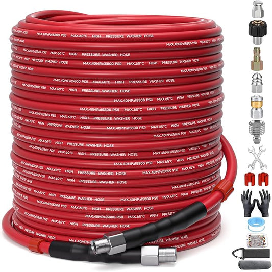 Sewer Jetter Kit for Pressure Washer – 200ft Water Jet Drain Cleaning Hose 5800PSI 1/4 Inch NPT Corner with Sewer Cleaning Tool High Pressure Nozzles and Spanner Waterproof Tape