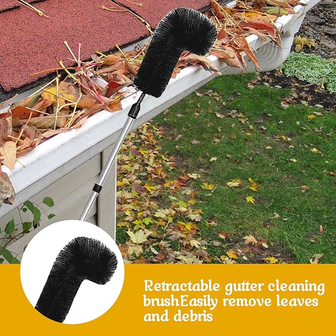 Gutter Cleaning Brush Extendable Guard Cleaner Tool with 8 Pcs Telescoping Handle Extension Pole 10ft, Gutter Cleaning Tools from The Ground for Easy Removing Leaves Debris Window Cleaner (Black)
