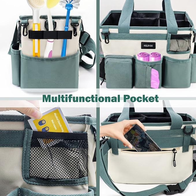 Wearable Cleaning Caddy Bag,Cleaning Supply Tote for Cleaning Supplies, Cleaning Organizer with Adjustable Shoulder and Waist Straps for Cleaners & Housekeepers (Large, Green White)