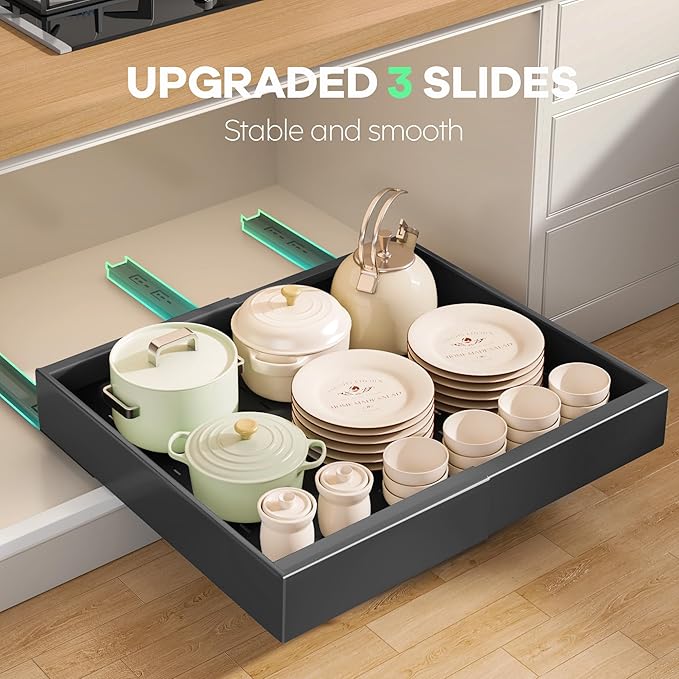 4 Pack Pull out Cabinet Organizer 21"Deep with Raising Pad for Framed Cabinets, Expandable Slide out Drawers for Kitchen Cabinets with 4pcs Divider Racks, Roll out Shelves 12.1"-20.4" W Black
