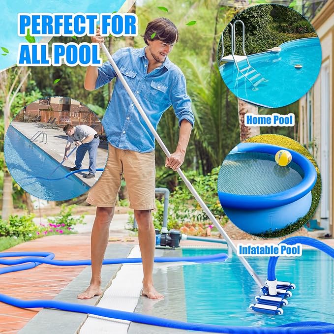 14" Swimming Pool Vacuum Head with 47" Long Pool Pole and 1-1/4" x 18ft Pool Vacuum Hoses Flexible Pool Vacuum Head with Wheels for Inground Pool Cleaning