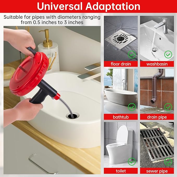 Drain Auger, Plumbing Snake Drain Hair Clog Removal Tool Use Manually or Powered for Bathtub Drain, Bathroom Sink, Kitchen Cleaning with Gloves(20ft/6M-Red)
