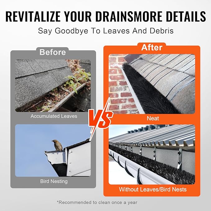 Happybuy Gutter Brush 60ft Length 5.25in Diameter Gutter Cleaning Tool Leaf Guard for 5-Inch Gutters, Roof Debris Clearance, 20 Pack, Durable PP & Galvanized Steel
