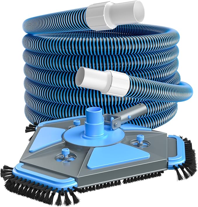 UIRWAY Upgrade Pool Vacuum Head with Side Brush & 360° Swivel Cuff, Heavy Duty Manual Kink-Resistant 1-1/2" x 30 Ft Vacuum Hoses, Weighted Triangular Shape for Inground & Above Ground Pool(No Pole)