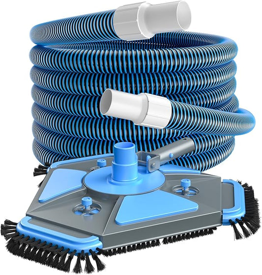 UIRWAY Upgrade Pool Vacuum Head with Side Brush & 360° Swivel Cuff, Heavy Duty Manual Kink-Resistant 1-1/2" x 30 Ft Vacuum Hoses, Weighted Triangular Shape for Inground & Above Ground Pool(No Pole)