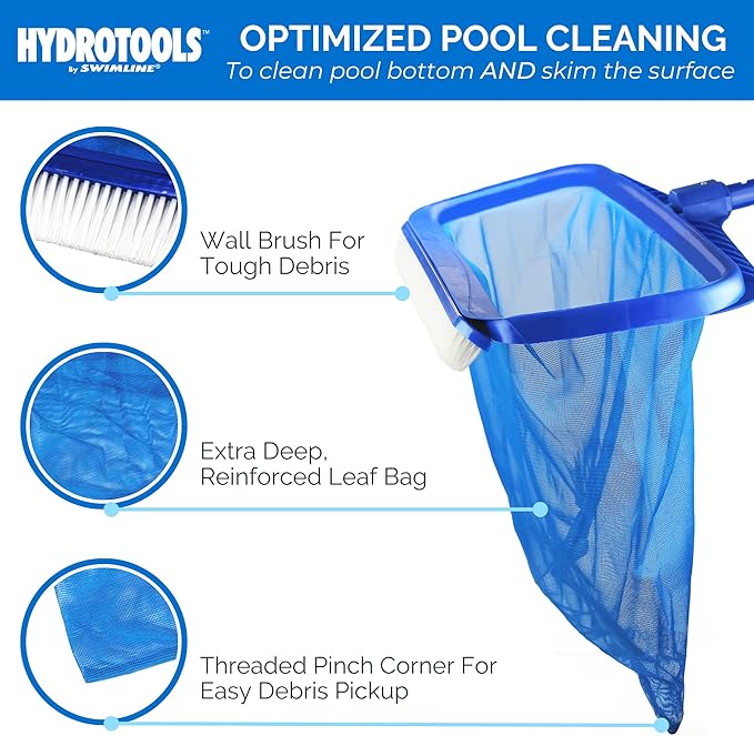 SWIMLINE HYDROTOOLS 8041 Leaf Net For Inground Above Ground Pool Pond | Extra Large Skimmer Net Cleaning Tool Ultra Fine Deep Mesh Bag | Durable Reinforced Plastic Frame With Brush | Debris Pickup