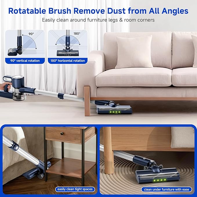 Cordless Vacuum Cleaner for Home: 6-in-1 Stick Vacuum with Powerful Suction, Rechargeable, Anti-Tangle Pet Hair Brush, Green LED Headlight Vacuum for Carpet & Hardwood Floors-Dark Blue