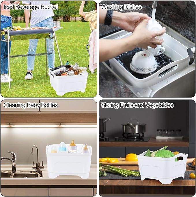 Teyyvn 4 Packs White Wash and Drain Dish Tub, 11.8" x 11.8" x 6.9"
