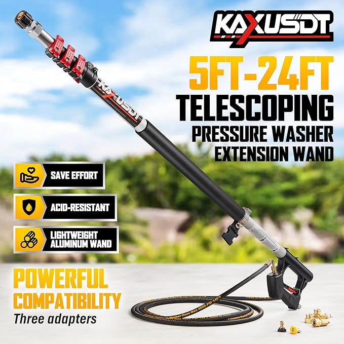 24FT Telescoping Pressure Washer Extension Wand, 𝟐𝟎𝟐𝟔 𝐔𝐩𝐠𝐫𝐚𝐝𝐞𝐝 High Power Washer Wand Extension Pole with Support Belt & 3 Wand, 7 Spray Nozzle Tips, 4000PSI, Gutter Cleaning Tools