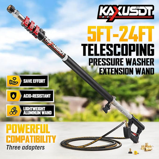 24FT Telescoping Pressure Washer Extension Wand, 𝟐𝟎𝟐𝟔 𝐔𝐩𝐠𝐫𝐚𝐝𝐞𝐝 High Power Washer Wand Extension Pole with Support Belt & 3 Wand, 7 Spray Nozzle Tips, 4000PSI, Gutter Cleaning Tools