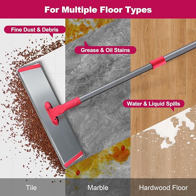 JOYMOOP 18 Inch Dust Mop for Hardwood Floors, Heavy Duty Industrial Wet Dry Mops with Telescopic Handle, Includes 5 Microfiber Mop Pads - Red-Grey
