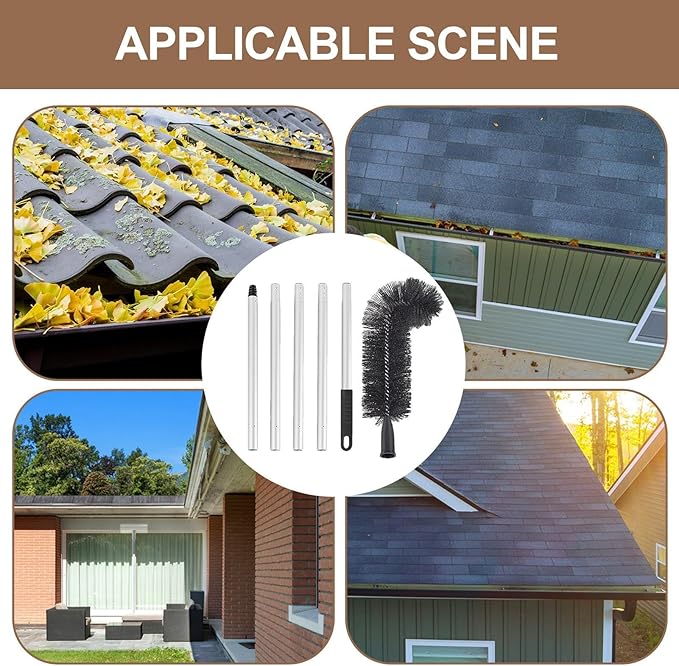Gutter Cleaning Tool with Curved Stiff Bristles, Retractable Flexible Roof Gutter Brush Cleaner for Removing Dust, Leaves, Debris, and Branches
