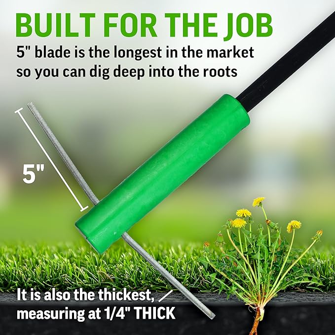 BICRACKIE Stand-Up Crack Weeding Tool with 60" Steel Pole; Steel Blade with 2-Sized, 5" Tapered Ends for Driveways, Patios, Sidewalks, Pavers to Remove Weeds Easily; Made in USA