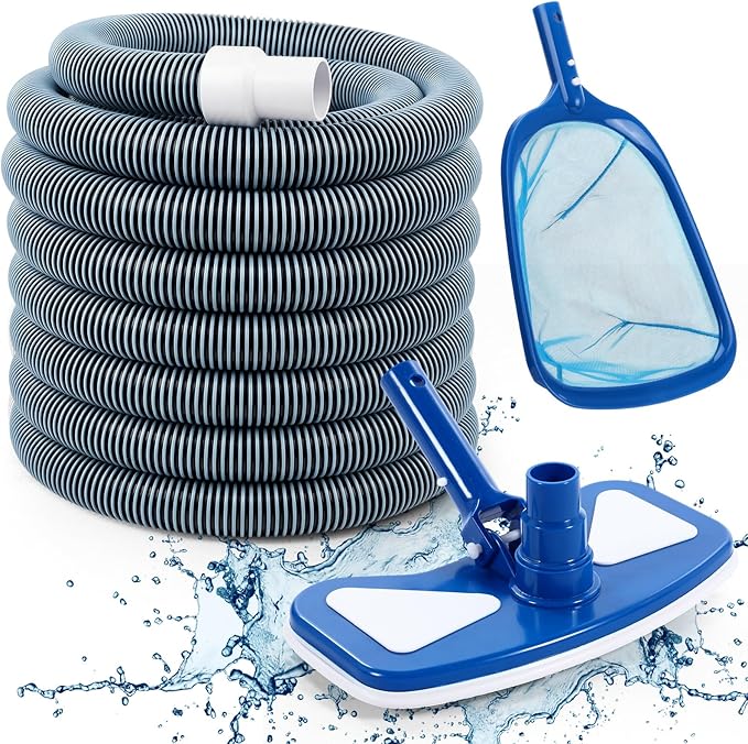 3 Pcs Pool Vacuum Cleaning Kit Vacuum Head Round Corner with Flexible Wheels, 1-1/4" x 18ft Hoses and Skimmer Net Maintenance Accessory Tool for Inground Pool Cleaning