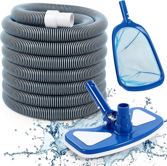 3 Pcs Pool Vacuum Cleaning Kit Vacuum Head Round Corner with Flexible Wheels, 1-1/4" x 18ft Hoses and Skimmer Net Maintenance Accessory Tool for Inground Pool Cleaning