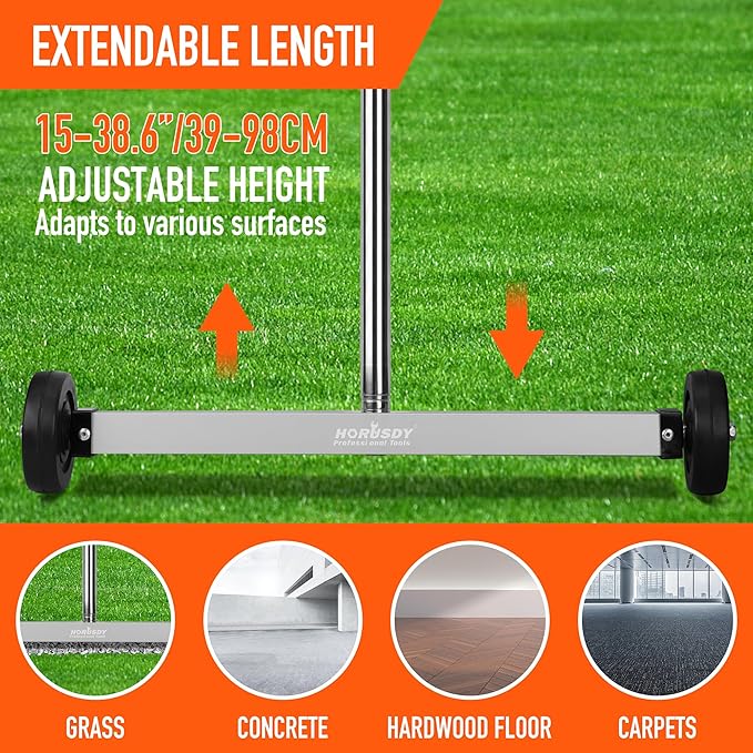 HORUSDY 17-Inch Rolling Magnetic Sweeper with Wheels | Adjustable Handle | 8.8-Pound Capacity Heavy-Duty Magnet to Pick Up Nails