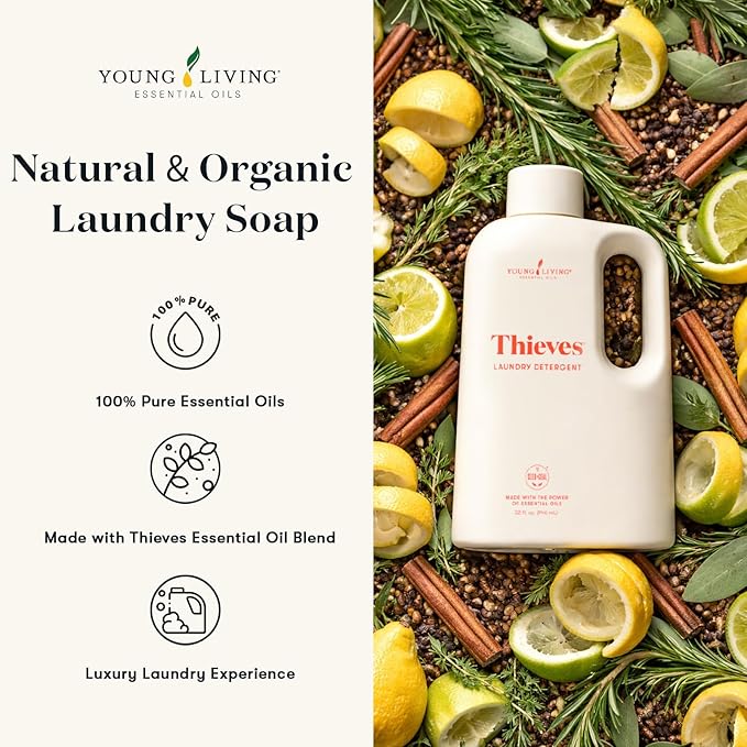 Young Living Thieves Laundry Detergent, Concentrated Plant-Based Formula with Enzymes, Fresh Citrus Scent, For HE and Standard Washers, 32 fl oz - 1 Pack