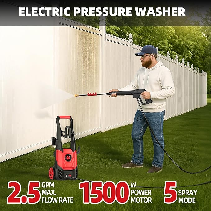 Electric Pressure Washer, 2.5 Max GPM Electric Power Washer with Foam Cannon, Powerwasher with 4 Nozzles, High Pressure Washer for Cars, Driveways, Patios, Decks