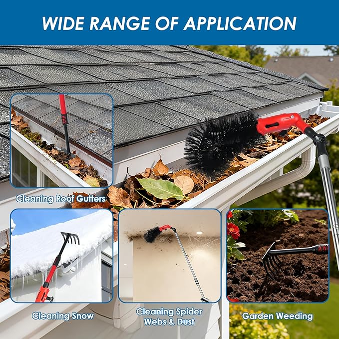 Gutter Cleaning Tools from The Ground, Adjustable Gutter Cleaning Pole with 180° Pivoting Head, Gutter Rake & 2 Gutter Brush, Gutter Cleaner Tool for Removing Leaves, Debris & Spider Webs (Black)
