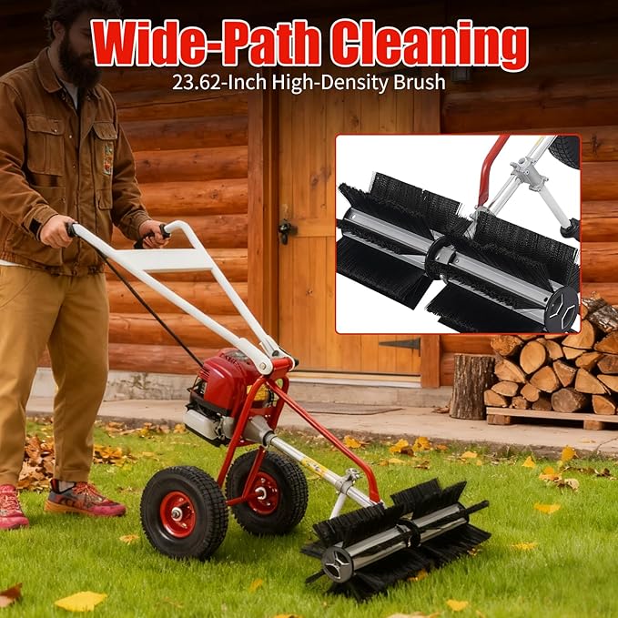 4 Stroke Gas Powered Hand Push Sweeper, Strong Power Lawn Sweeper Machine with 23in Long High-Density Brush, Artificial Grass Brush Gasoline Powered Broom for Lawn, Driveway, Snow