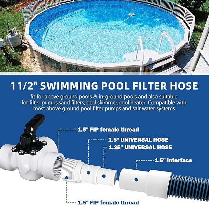 1.5" 6ft Swimming Pool Filter Pump Hose Replacement Kit, fit for Above Ground Swimming Pool Vacuum Skimmer 1 1/2" Filter Hose and for 1.25/1.5" Adapter Fittings -2 Hoses, 2 Adapters, 2 Tapes, 4 Clamps