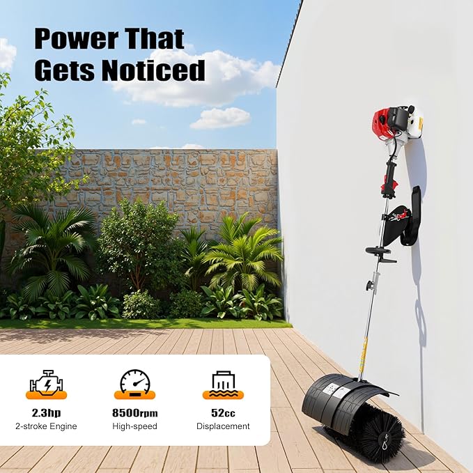52cc 2 Stroke Gas Handheld Sweeper, 2.3HP Engine Power Snow Sweeping Broom Driveway Turf Lawns Artificial Grass Power Brush, Lawn Sweeper Cleaner Tools
