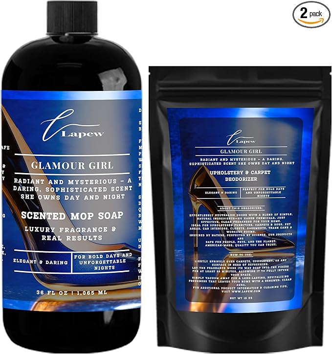 Lapew Glamour Girl Scented Cleaning Bundle | Carpet Deodorizer Powder (16 oz) & Mop Soap Concentrate (36 oz) | Pet-Friendly Odor Eliminator