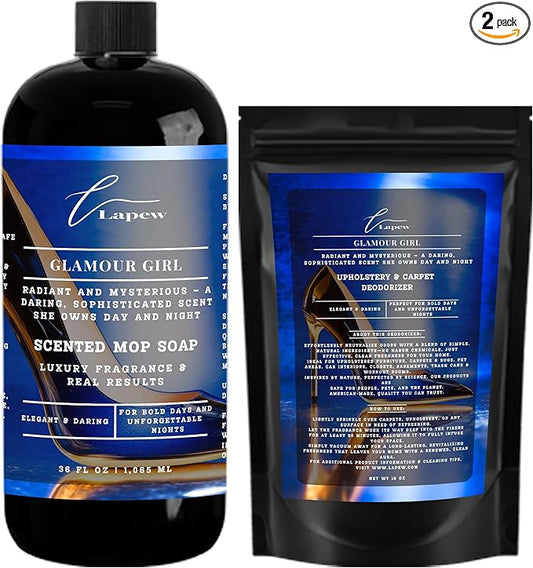 Lapew Glamour Girl Scented Cleaning Bundle | Carpet Deodorizer Powder (16 oz) & Mop Soap Concentrate (36 oz) | Pet-Friendly Odor Eliminator