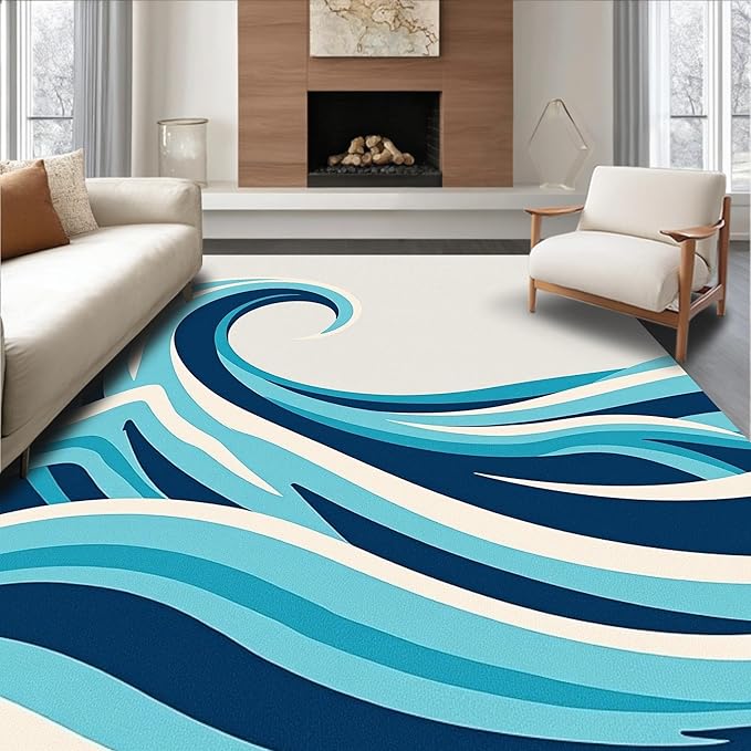 Flatwoven High Traffic Area Rug 4x6, Driftwood Lighthouse Wave Ocean Theme Bathroom, Non Slip, Stain Resistant, Washable Area Rugs for Living Room, Bedroom (Dark Blue, 4x6)