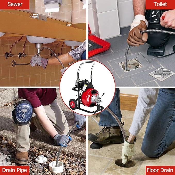 Drain Cleaner Machine 75FT x 1/2 Inch, Sewer Snake Auger with 370W Motor, Auto Feed, 8/4 Cutter Blades, Foot Switch & Wheels, Gloves, Semi-Enclosed Drum, Portable Drain Cleaning Tool for 1"-4" Pipes