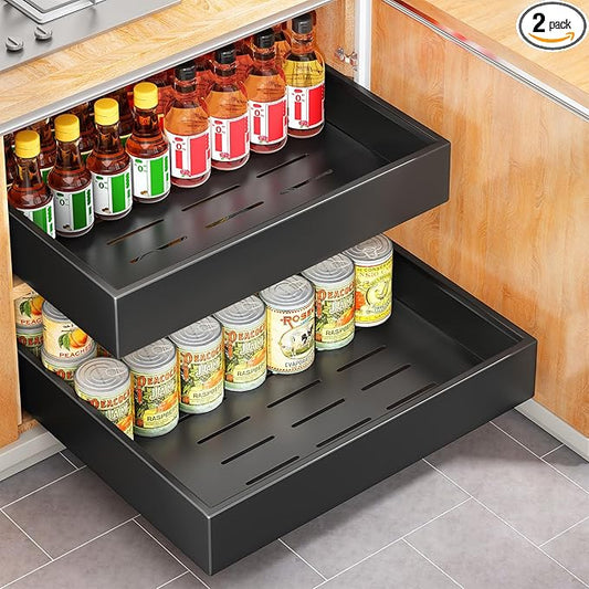 2Pack Pull out Cabinet Organizer, 21"Deep, 20"Wide Full-extension Heavy Duty Slide out Drawers Fixed with Adhesive Nano, Roll Out Shelves Sliding Cabinet for Kitchen,Bathroom,Pantry,Under Sink(Black)
