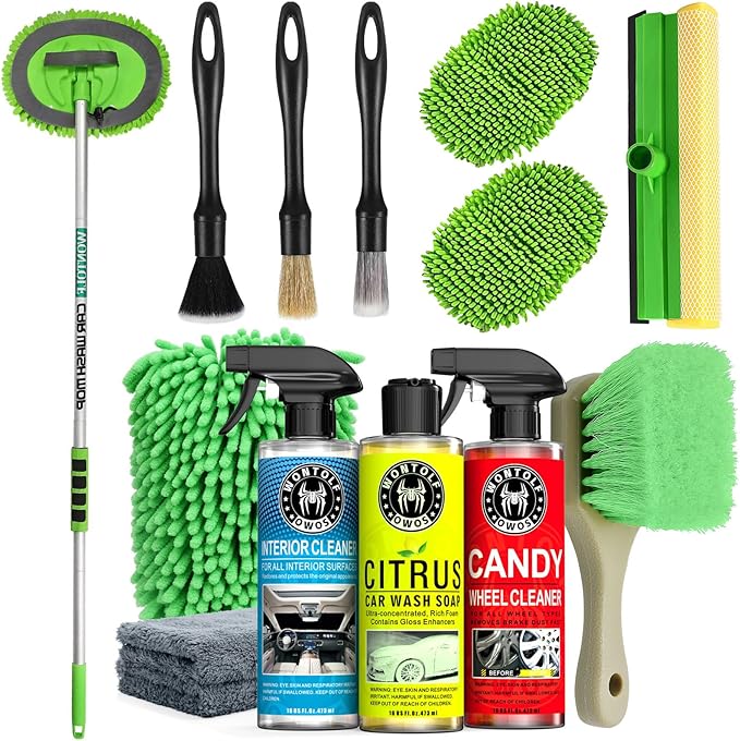 Wontolf Complete Car Wash Cleaning Kit with Car Wash Brush, Car Wash Soap, Interior Cleaner, Wheel Cleaner, Window Squeegee, Car Interior Detailing Kit for Cars Trucks RVs SUVs, 17pcs