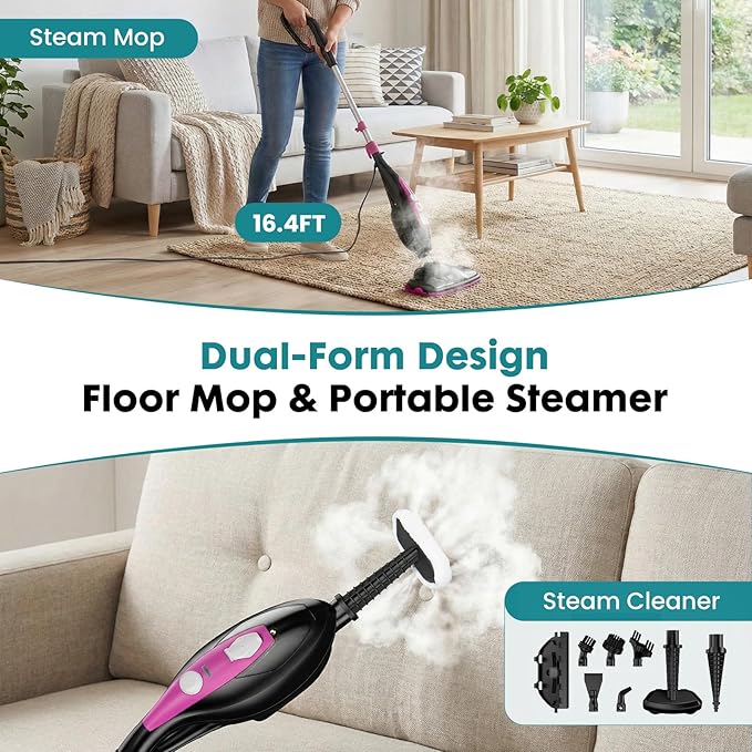 OLIXIS 10-in-1 Steam Mop, 1550W Detachable Handheld Steam Cleaner for Floor Cleaning, 16.4FT Cord, 2 Washable Pads, Multi-Purpose Floor Steamer for Hardwood, Carpet, Tile, Grout, Windows, Black Pink