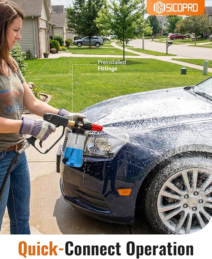 SICOPRO Short Pressure Washer Gun, Power Washer Gun for Car Wash Foam Gun, Stubby Pressure Washer Gun with 3/8" Male Plug And 1/4” Quick Connector Coupler, Anti-Tangle Design