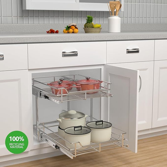 2-Tier Pull Out Cabinet Organizer (17" W x 22" D), Pull Out Shelves and Drawer for Kitchen Pantry Storage Basket, Heavy-Duty Metal Sliding Shelf, Chrome Finish