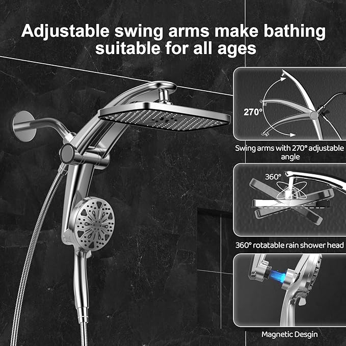 Rain Shower Head with filtered Handheld High Pressure rainfall Shower Heads with Handheld Spray Combo Adjustable one-piece stand daul shower head Built-in Magnetic Docking and Power Jets