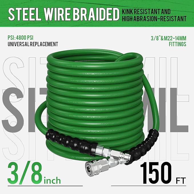SITIMIMIL® 3/8 Pressure Washer Hose 150FT Hot Water - Commercial Grade 4800PSI Steel Wire Braided, Ultra Flexible & Kink Resistant, Quick Connect Fits Most Brands, for Home & Professional Use Green